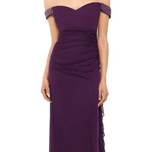 Betsy and Adam Purple Off-The-Shoulder Ruched Evening Dress